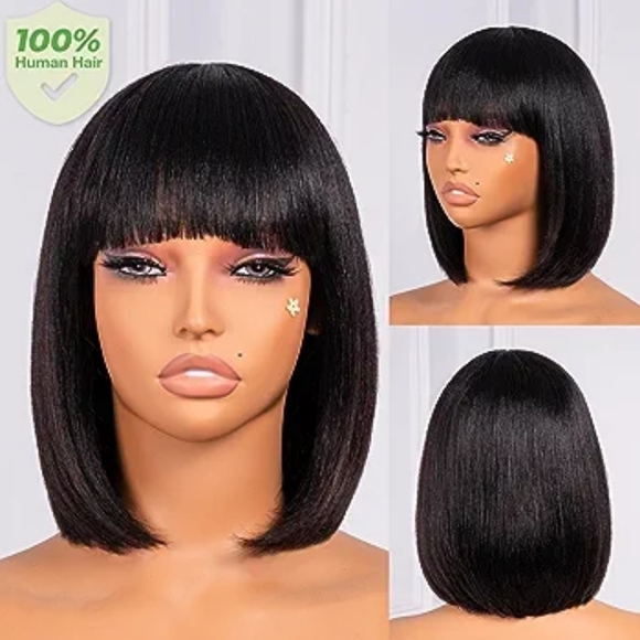 Bob Wig With Bangs- 10 Inch Short Yaki Bob Wig 180% Density - Picture 5 of 9